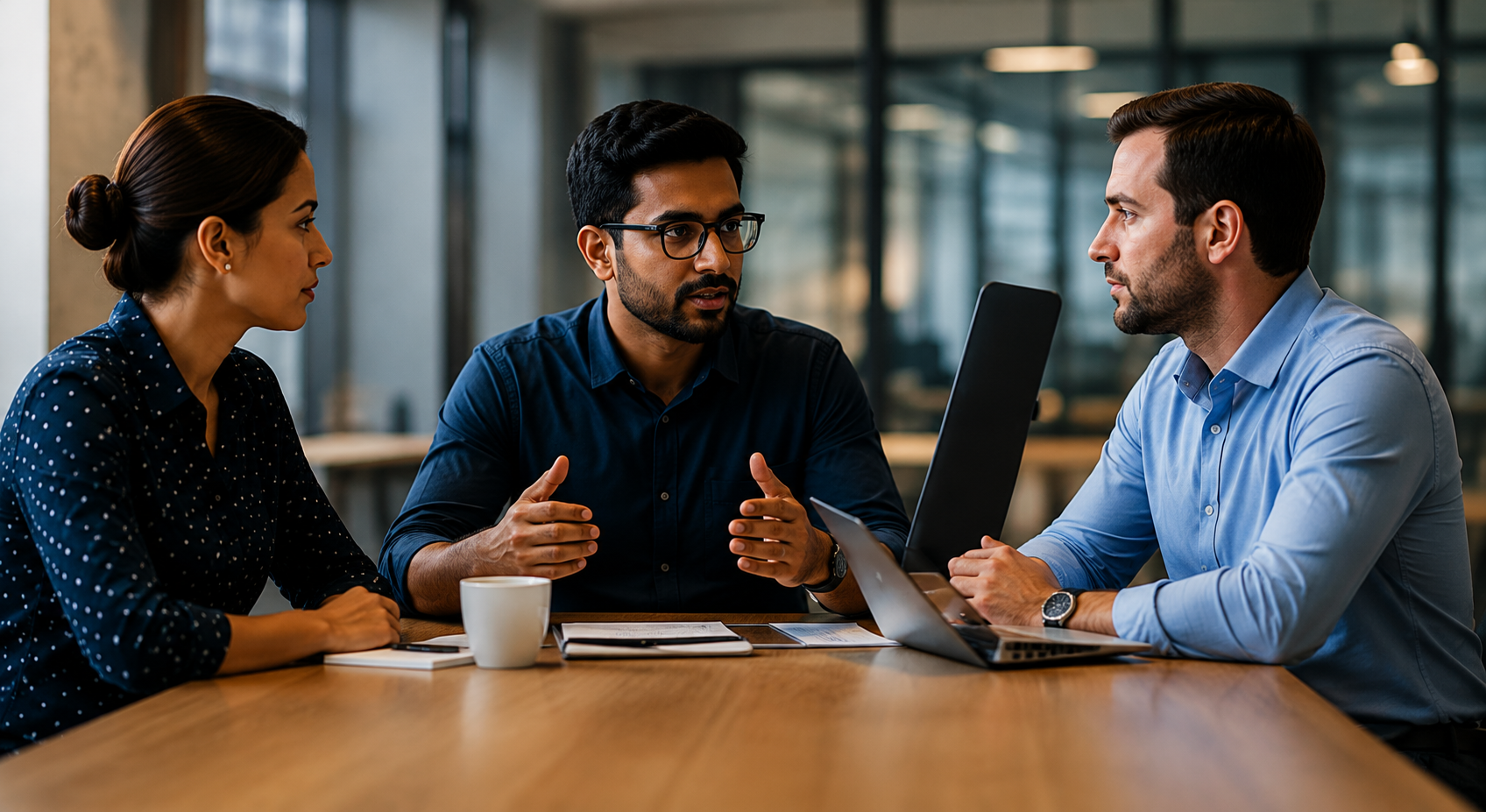 Three professionals discussing strategy in a modern office environment