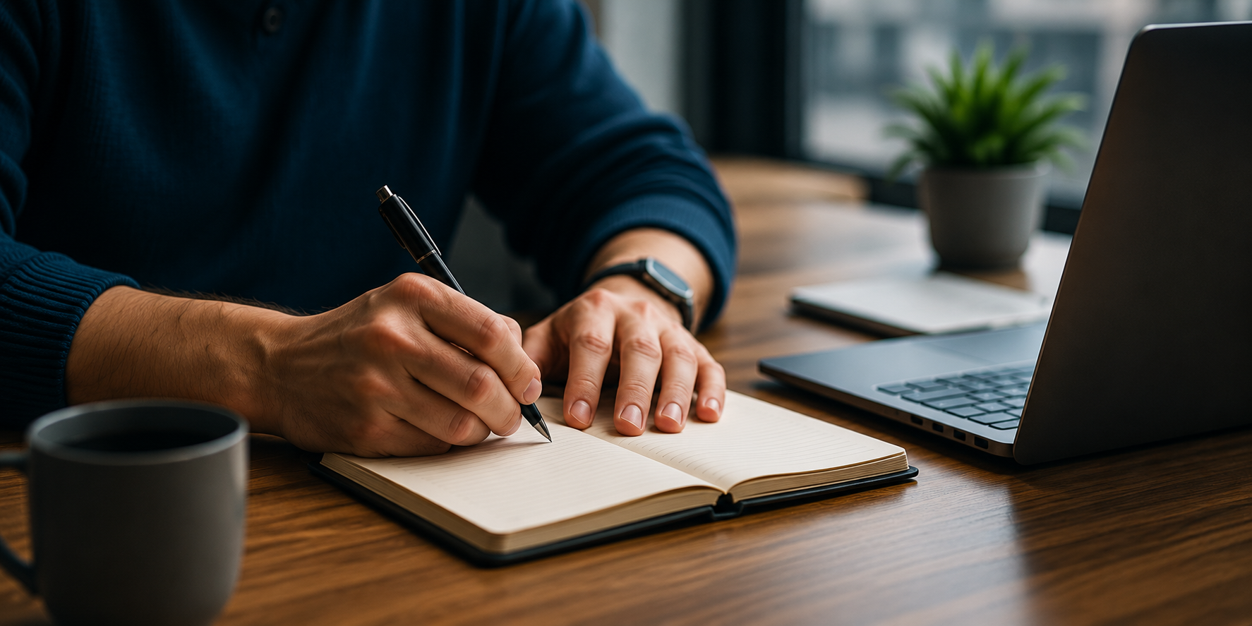 Professional writing desk with notebook, laptop and coffee — premium workspace